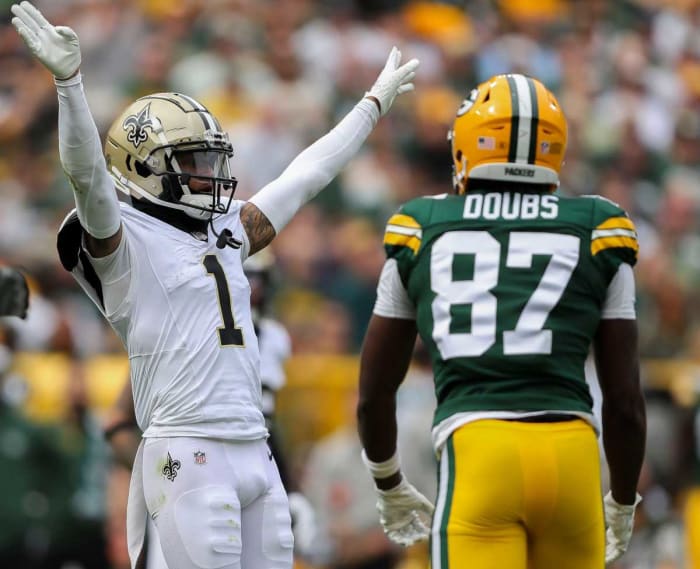 New Orleans Saints cornerback Alontae Taylor reacts after breaking up a pass